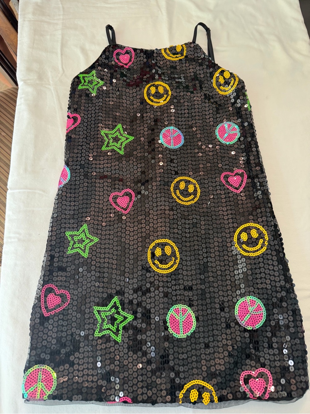 Lola + The Boys Black Sequin Dress with Neon Pink, Yellow & Green Motifs